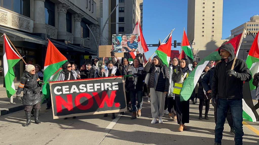 A Ceasefire Now banner being carried in a march on October 29th, 2023.
